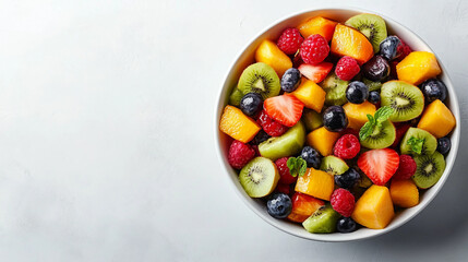 A bowl of fruit salad with strawberries, blueberries, kiwi, and mango