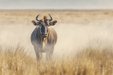 Majestic blue wildebeest with distinctive curved horns roam freely in the arid, sun-baked landscape of Etosha National Park, Namibia.. Beautiful simple AI generated image
