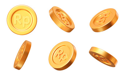 3d set of golden coins of Indonesian Rupiah with different angles. Stock vector illustration on isolated background.