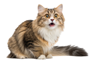 Cute tabby cat looking shocked isolated on white or transparent background looking at camera, stunned surprised or astonished beautiful kitten domestic pet sitting