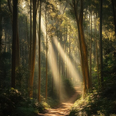 Obraz premium serene forest pathway illuminated by sunlight filtering through trees, creating tranquil atmosphere