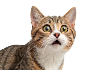 Obraz premium Cute tabby cat looking shocked isolated on white or transparent background looking at camera, portrait of stunned surprised or astonished cute kitten domestic pet