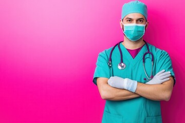 Medical Professional in Scrubs and Mask with Arms Crossed Standing Against a Vibrant Pink Background for Health and Wellness Promotions