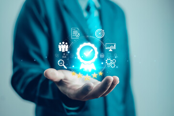 Hand shows sign of top service Quality assurance, Guarantee, Standards, ISO certification and standardization concept, satisfaction, service experience, show the standards of products and services.
