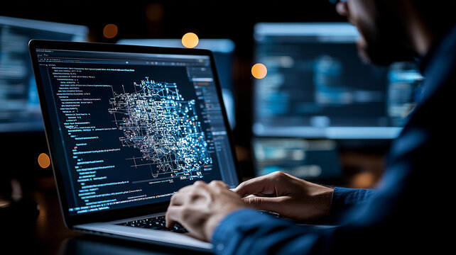 person working on laptop with code and data visualization on screen, surrounded by multiple monitors displaying digital information. atmosphere is focused and tech oriented