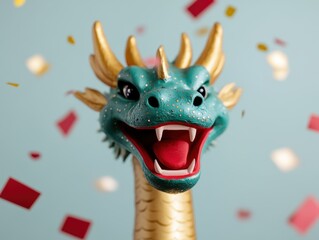 Close-up of a playful teal dragon head with golden horns, open mouth, and festive confetti against a light background.