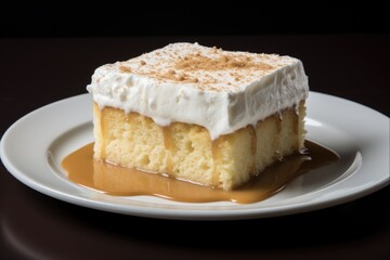 Tres Leches Dessert on White Plate - Sweet Latin American Pastry with a Traditional Twist