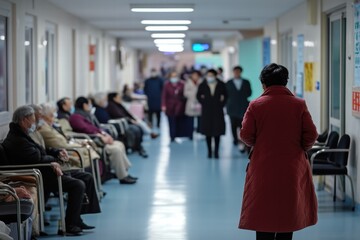 Insufficient medical care for the elderly in a crowded hospital corridor