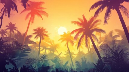 Summer background with sunlit tropical palm trees swaying in the breeze