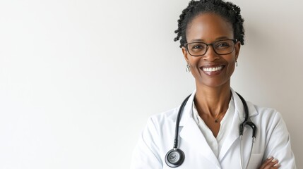 A smiling doctor wearing a stethoscope around their neck, standing confidently, isolated on a clean white backdrop,