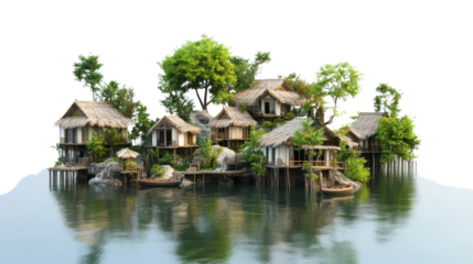 A picturesque cluster of traditional wooden houses surrounded by lush greenery, situated on calm waters, creating a serene landscape.