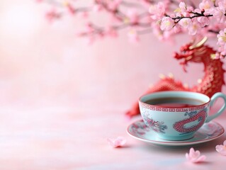 Fototapeta premium Elegant blue teacup with a red dragon motif, set against pink cherry blossoms and a decorative dragon sculpture in soft focus.