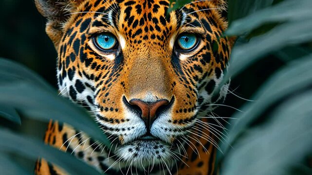 A powerful close-up of a jaguar or leopard, showcasing its strong face and spotted fur pattern