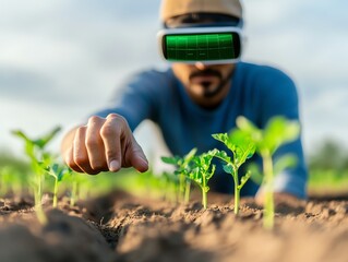 Farmer wearing augmented reality glasses, visualizing crop data overlays in real time, future farming tools concept