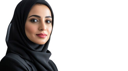 Naklejka premium Confident woman in a black hijab against a neutral background, embodying strength and determination, suitable for cultural and professional themes.