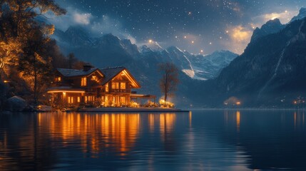 Fototapeta premium Illuminated cabin, serene lake, majestic mountains.
