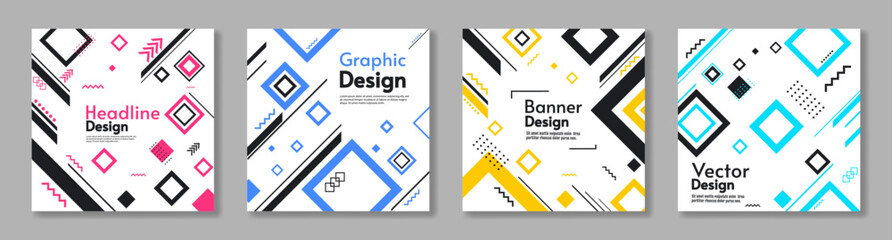 Set of colorful abstract vector card with white background. Design featuring geometric shapes, lines, and patterns. Modern composition with a minimalist style.