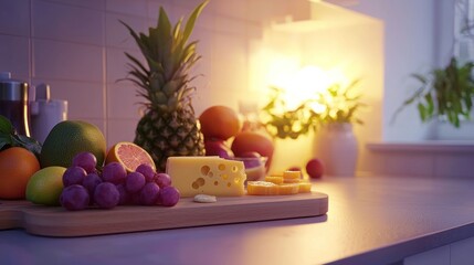Fresh fruits and cheese on kitchen counter at dusk.