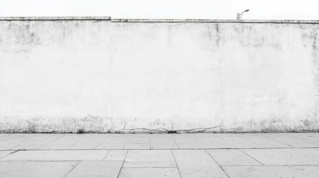 Fototapeta A high-angle, full shot of a weathered, white wall and sidewalk.