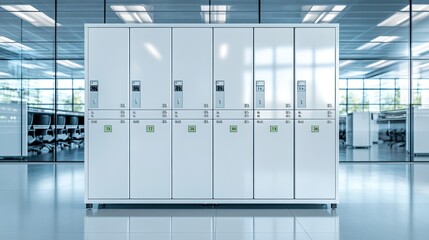 Close-up view of a white metal locker featuring numbered compartments with green dots, highlighting modern design and functionality