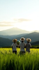 Naklejka premium Organic rice farming family standing in their fields holding a globe, symbolizing sustainable global impact