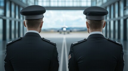 Fototapeta premium Military personnel viewing aircraft at airport aviation scene professional environment focused perspective duty and honor