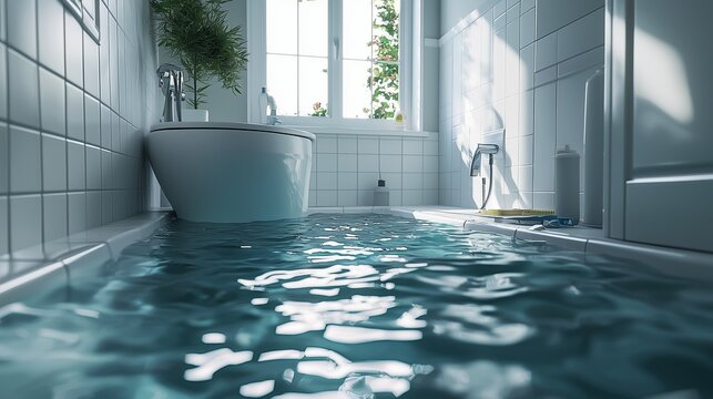 Flooded bathroom with overflowing bathtub, highlighting urgent plumbing issues. - Powered by Adobe