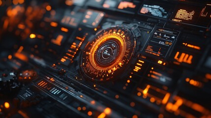 Obraz premium Futuristic abstract business background with gears, charts, and data elements, illustrating the integration of technology and business strategy.