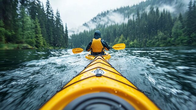 Kayaking adventure in serene forest river outdoor activity nature landscape scenic viewpoint thrilling experience