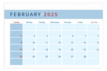 Blank calendar page for February 2025 year isolated on white background.