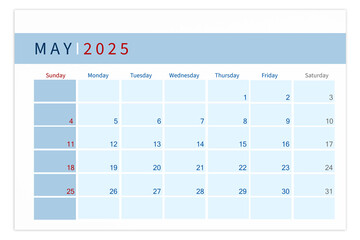 Blank calendar page for May 2025 year isolated on white background.