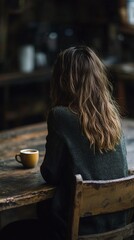 Woman sits alone at a rustic wooden table with a cup of coffee.