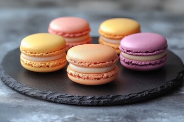 Obraz premium Colorful macarons displayed on a dark slate plate in a stylish setting