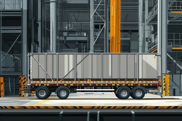 Naklejka premium Busy construction zone featuring a large truck parked on a platform, with industrial machinery and scaffolding visible in the background, representing modern construction activities.