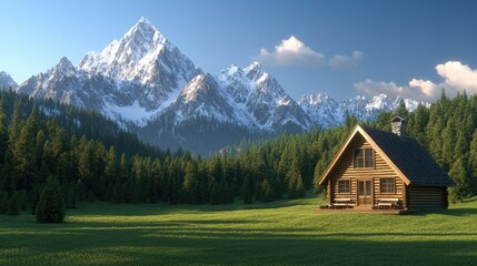 Fototapeta premium Wooden chalet offers outdoor dining in a lush alpine meadow with stunning mountain views and bright blue skies overhead