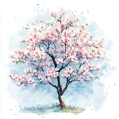 Fototapeta premium Watercolor Illustration of Blooming Magnolia Tree with Pink and White Flowers on a Spring Day