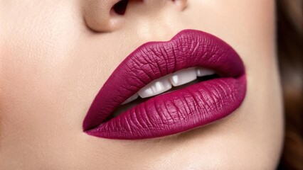 Fototapeta premium A lush berry hue dresses the lips in this captivating portrait. The gentle bite on the lower lip creates an intimate connection drawing the gaze to the vibrant color that promises