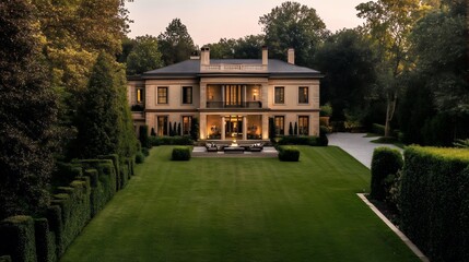 Fototapeta premium Elegant Mansion Estate Evening View Lush Landscaping