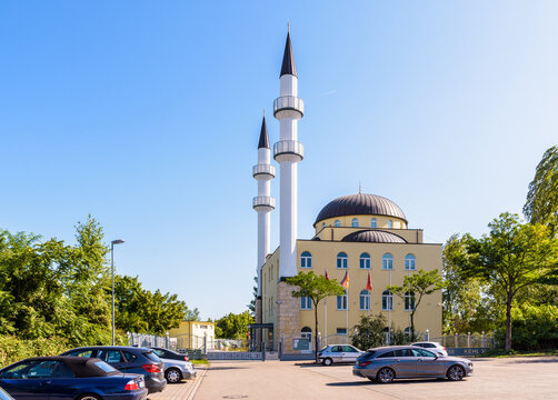 Kehl, Germany - September 16, 2019: Kehl Central Mosque is a Turkish mosque with two large minarets and a dome built in Kehl in 2007 by the Turkish-Islamic Union for Religious Affairs (DITIB).