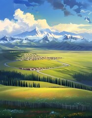 Valley village scenic mountain vista; travel brochure.