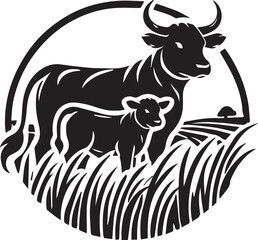 Cattle Angus Cow & Grass silhouette livestock farm logo design
