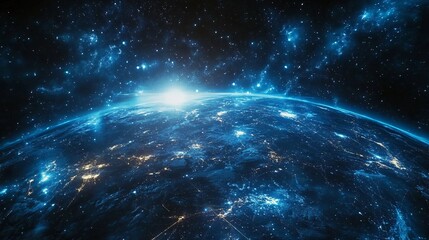 Fototapeta premium Digital blue-glowing global network with light connections around Earth, symbolizing big data exchange and business connectivity on a dark tech backdrop.