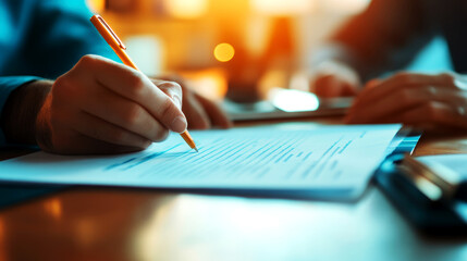 Professional loan advisor consultation office setting document signing focused environment close-up viewpoint financial guidance concept