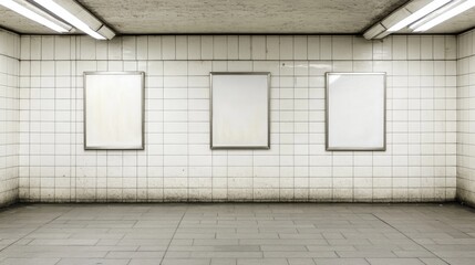 Empty subway station with three blank advertisement frames on tiled wall.