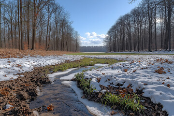 A wide-angle view of a meadow transitioning from winter to spring, with melting snow and patches of green grass under a clear, sunny sky.