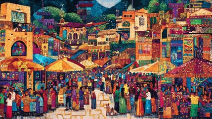 Fototapeta premium Vibrant Mexican Market Scene Colorful Artwork Print