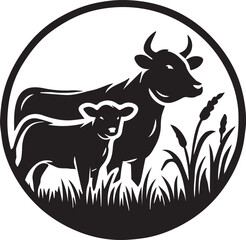 Cattle Angus Cow & Grass silhouette livestock farm logo design