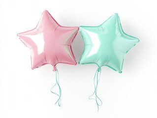A minimalist graphic of two playful star-shaped balloons in pastel pink and mint green, detailed string ties, perfectly separated from a pure white background