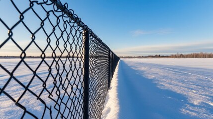 Chain-link fence glistens with snow under a clear blue sky in winter, showcasing intricate details and an isolated snowy plain