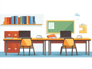 A classroom with two desks and two chairs